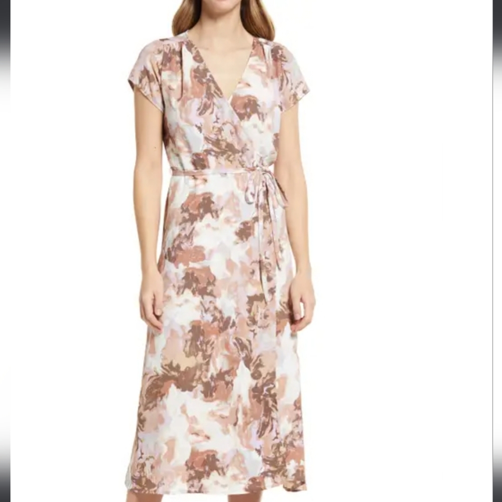 Halogen, NWT, Wrap Woven Midi Dress in Beige- Purple Wax Paint,Medium